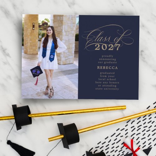 Classic Script Navy Gold Graduation Announcement