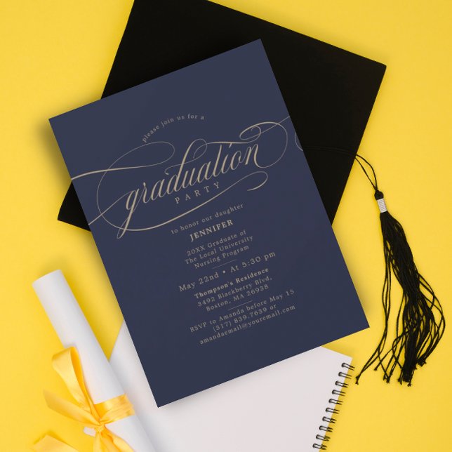 Classic Script Navy Gold Graduation Party  Invitation (Creator Uploaded)