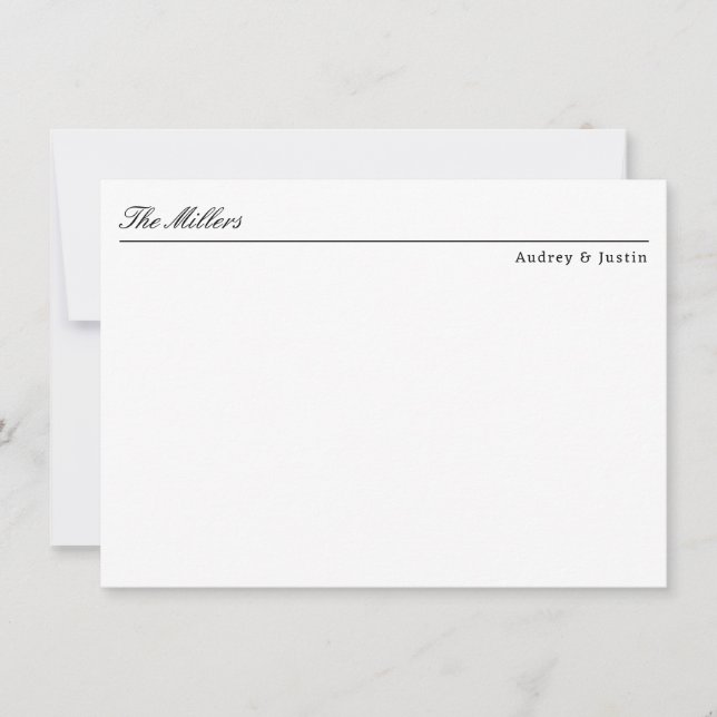 Classic Script Offset Name Black Personalized Flat Note Card (Front)