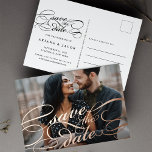 Classic Script Overlay Photo Save the Date Foil Invitation Postcard<br><div class="desc">Elegant save the date postcards feature your favorite photo in dramatic full-bleed, with "save the date" overlaid in rose gold foil calligraphy script adorned with swashes. Personalize the reverse side with your wedding details, including names, date, location, and additional information like your wedding website. Space provided for your pre-printed return...</div>