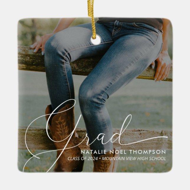 Classic Script Photo Modern Cool Graduation Party Ceramic Ornament (Front)