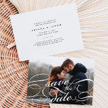 Classic Script | Photo Save the Date Card<br><div class="desc">Elegant save the date cards feature your favorite photo in dramatic full-bleed,  with "save the date" overlaid in white calligraphy script adorned with swashes. Personalize the reverse side with your wedding details,  including names,  date,  location,  and additional information like your wedding website.</div>