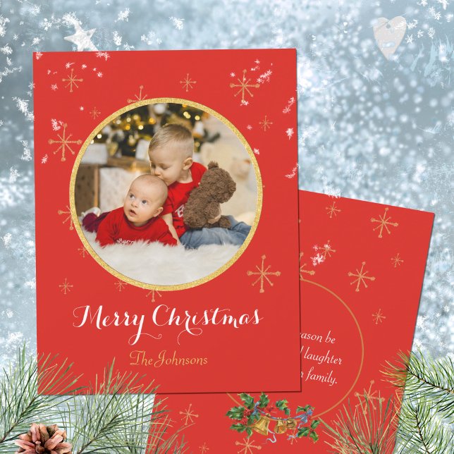 Classic Script Round Photo Coral Red Gold Holiday Card (Classic Merry Christmas Golden Glitter Holiday Card ©Susanne Sachers - Sunny Mind Design 🌞)