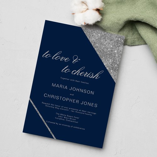 Classic script silver glitter navy blue wedding invitation