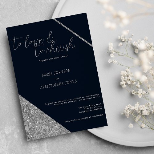 Classic script silver glitter navy blue wedding invitation