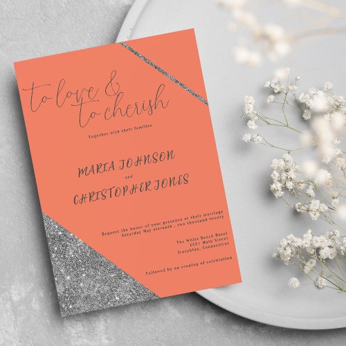 Classic script silver glitter orange glam wedding invitation