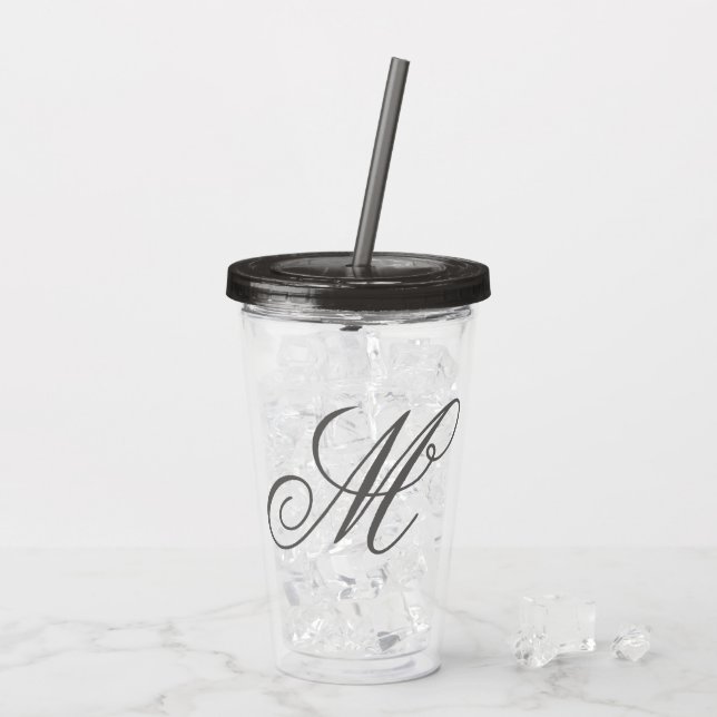 Classic Script Smokey Gray Monogram Reusable Clear Acrylic Tumbler (Back Ice)