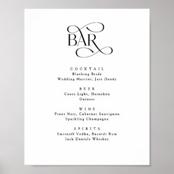 Classic Script The Bar Wedding Drinks Menu Sign | Zazzle