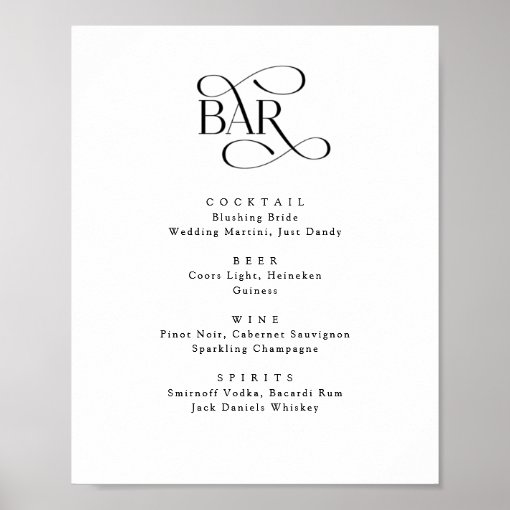 Classic Script The Bar Wedding Drinks Menu Sign | Zazzle