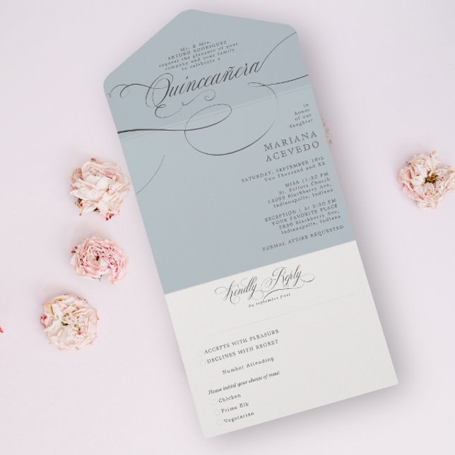 Classic Script Traditiona Wording Blue Quinceañera All In One Invitation (Creator Uploaded)