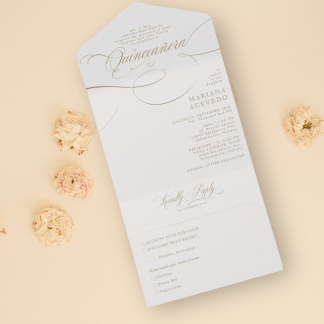 Classic Script Traditiona Wording Gold Quinceañera All In One Invitation (Creator Uploaded)