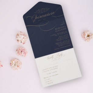 Classic Script Traditiona Wording Navy Quinceañera All In One Invitation