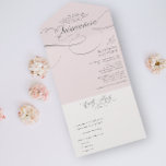 Classic Script Traditiona Wording Pink Quinceañera All In One Invitation<br><div class="desc">An elegant quinceañera invitation in soft pink, featuring a traditional wording with an elegant calligraphy typography header. This all-in-one sustainable invitation would save you money, no need to include RSVP envelopes, your guests will tear away the last panel and mail it back to you as a postcard. If you need...</div>