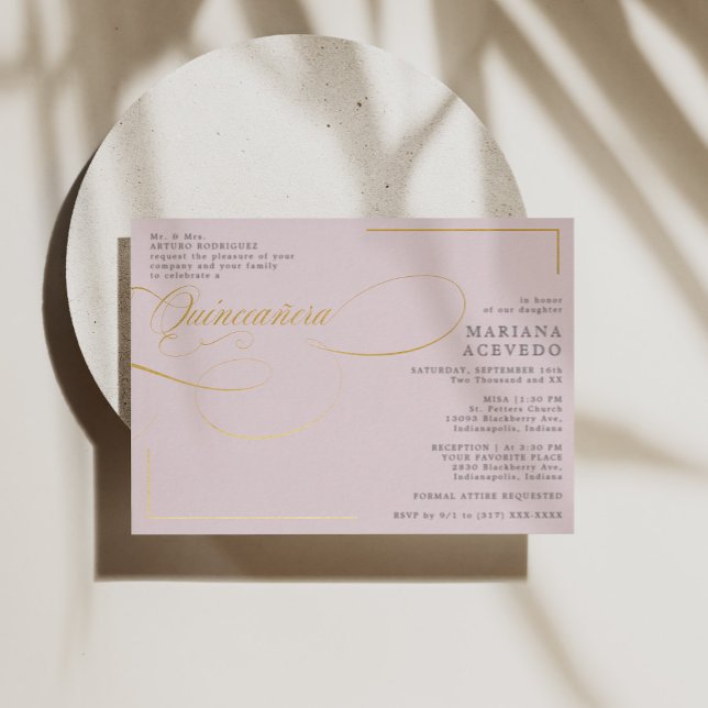 Classic Script Traditiona Wording Pink Quinceañera Foil Invitation (Creator Uploaded)