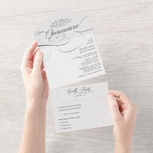 Classic Script Traditional Wording BW Quinceaera All In One Invitation