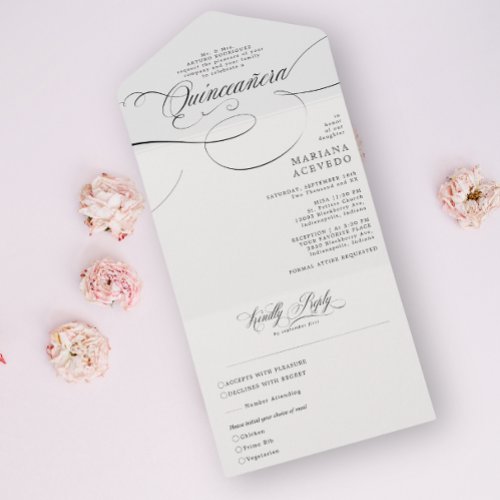 Classic Script Traditional Wording BW Quinceaera All In One Invitation