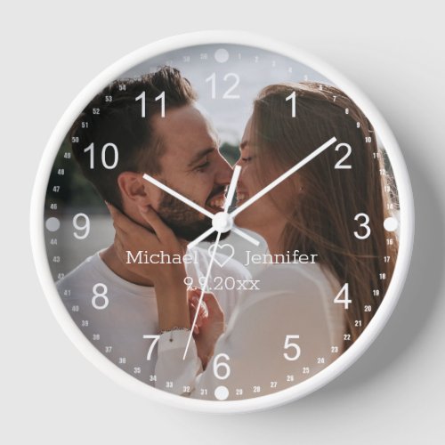 classic script wedding day photo round clock