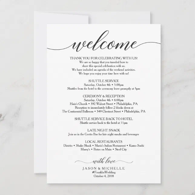 Classic Script Wedding Itinerary - Wedding Welcome Invitation | Zazzle