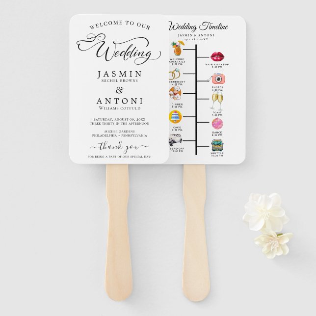 Classic Script Wedding Program and Timeline Hand Fan (Front and Back)