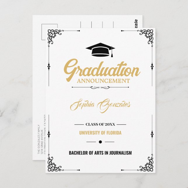 Classic Script White Graduation Announcement Postcard (Front/Back)
