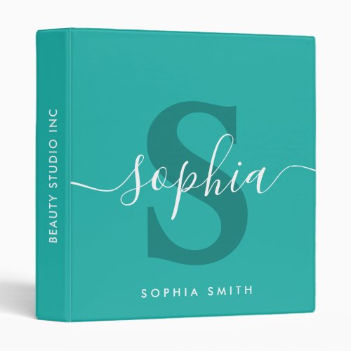 Classic Sea Green Monogram Script Name Initials  3 Ring Binder