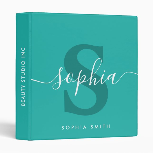 Classic Sea Green Monogram Script Name Initials  3 Ring Binder (Front/Spine)