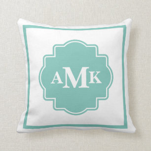 Classic Seafoam Green and White Monogram Pillow