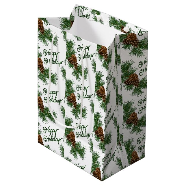 Classic Seasonal Pinecones Happy Holidays Wish Medium Gift Bag (Front Angled)
