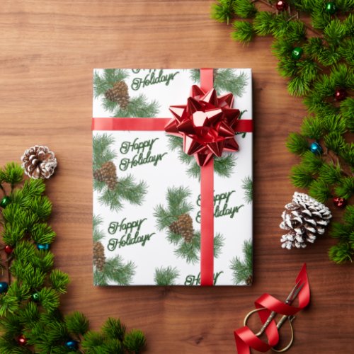 Classic Seasonal Pinecones Happy Holidays Wish Wrapping Paper