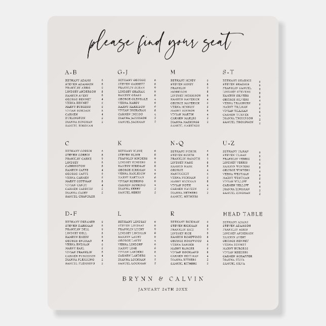 Classic Seating Chart Wedding Reception Table Sign (Front)