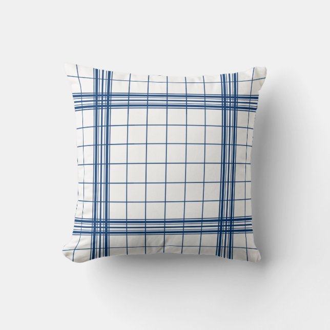 Classic Shabby Chic Dark Blue Plaid On White Throw Pillow (Front)