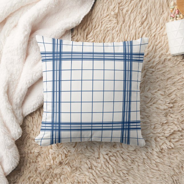 Classic Shabby Chic Dark Blue Plaid On White Throw Pillow (Blanket)