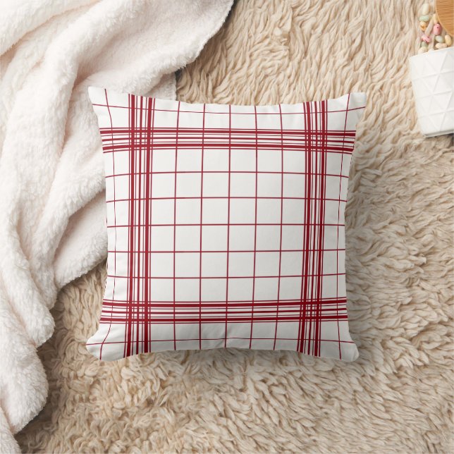 Classic Shabby Chic Dark Maroon Red Plaid On White Throw Pillow (Blanket)