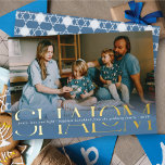 Classic Shalom Peace Love Light Photo Hanukkah Foil Holiday Card<br><div class="desc">A modern minimalist and unique holiday card featuring a full bleed photo with a blue tint gradient partial transparent photo overlay. A large foil pressed festive greeting 'SHALOM' in classic serif typography is printed on top. A narrow blank space runs through the middle of this the big text along its...</div>