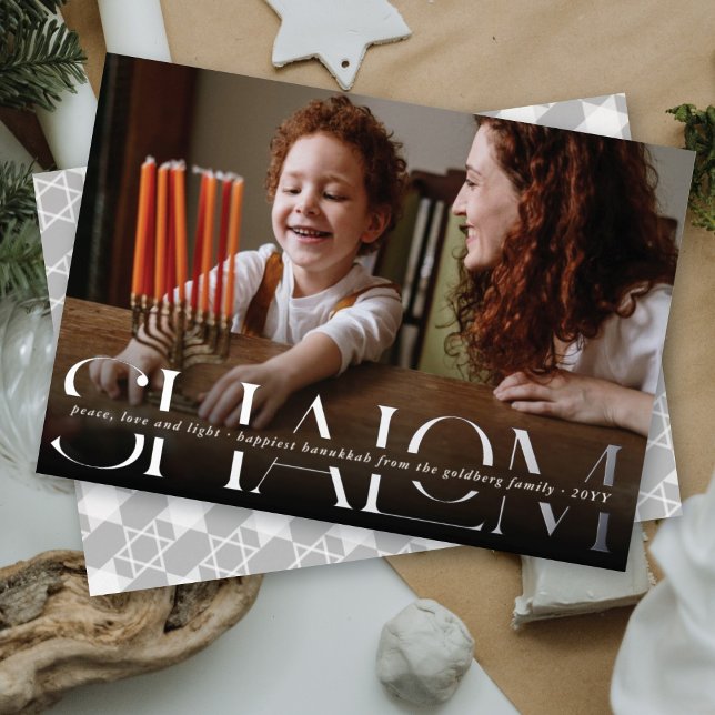 Classic Shalom Peace Love Light Photo Hanukkah Foil Holiday Card (Creator Uploaded)