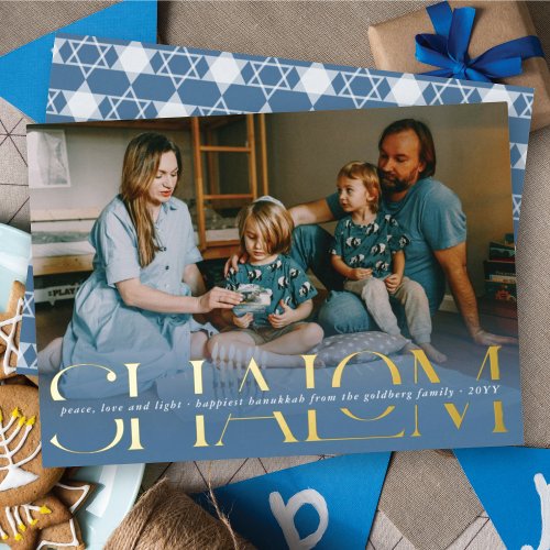 Classic Shalom Peace Love Light Photo Hanukkah Foil Holiday Card