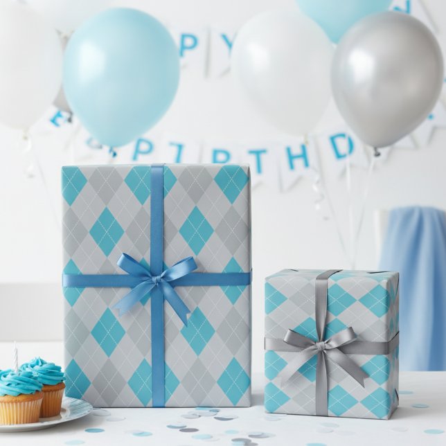 Classic Silver and Blue Argyle Diamonds Wrapping Paper (Cute Blue and Gray Argyle Pattern Gift Wrap for Boy Birthday Party. Light Blue and Gray Diamonds)