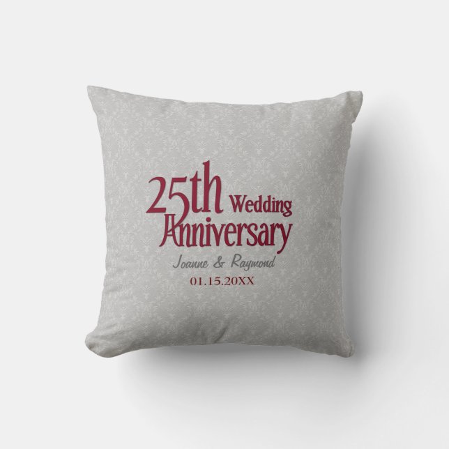 Classic Silver Damask 25th Wedding Anniversary Throw Pillow (Front)