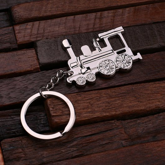 Classic Silver Engraved Steam Train Steel Keychain (Top)
