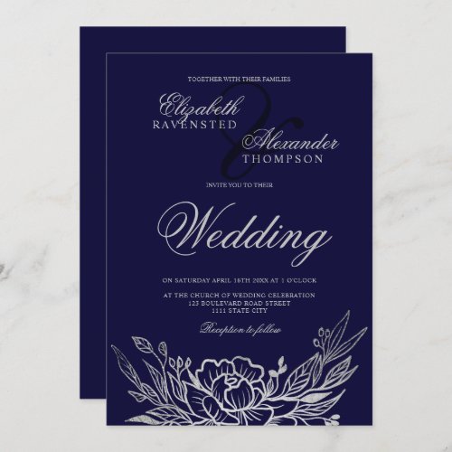Classic silver floral peonies blue wedding invitation