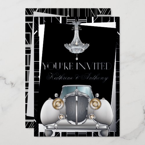 Classic SILVER Gatsby Deco Wedding Foil Invitation