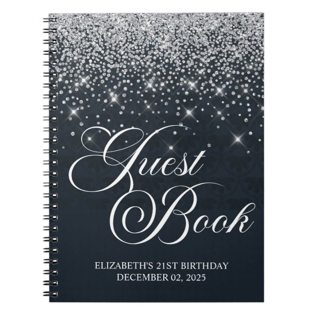 Classic Silver Glitter Black 21st Bday Guestbook Notebook (Front)