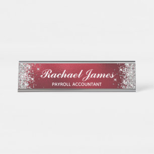Classic Silver Glitter Faux Red Foil Desk Name Plate