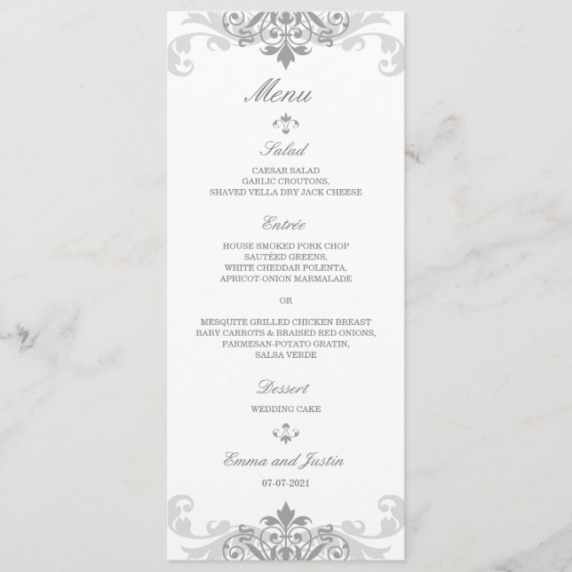 Classic Silver Grey Elegant Ironworks Wedding Menu (Front)