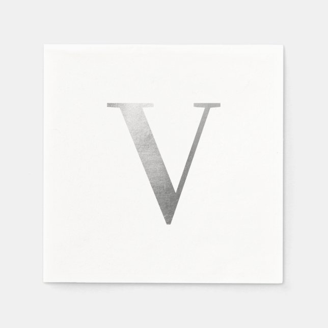 Classic Silver Grey Foil Monogram V Napkins (Front)