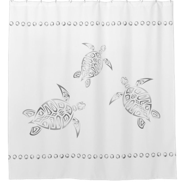 Classic Silver Sea Turtles White Coastal Shower Curtain (Front)