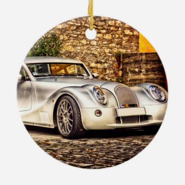 Classic Silver Sports Car Ceramic Ornament (Back)