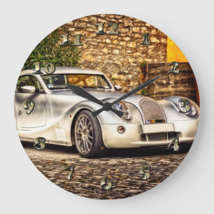 Classic Silver Sports Car Large Clock
