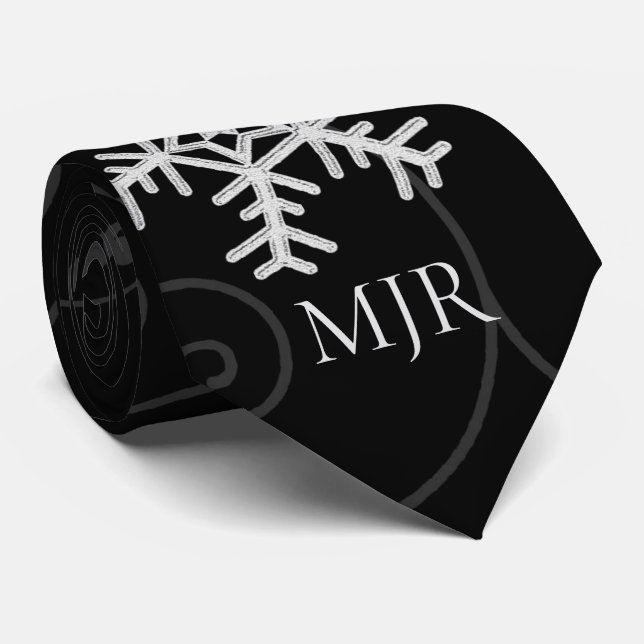 Classic Silver, White and Black Snowflake Monogram Neck Tie (Rolled)