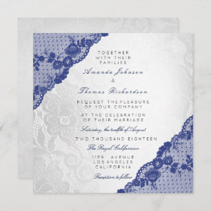 Classic Silver White Blue Navy Lace Wedding Invitation